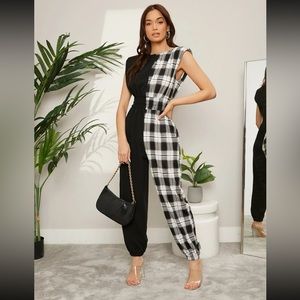 Plaid Spliced Padded Shoulder Jumpsuit